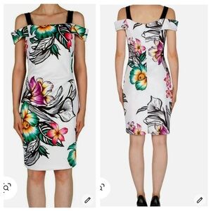 Joseph Ribkoff Dress Size 16 White Floral Print Off The Shoulder Ruched Sheath